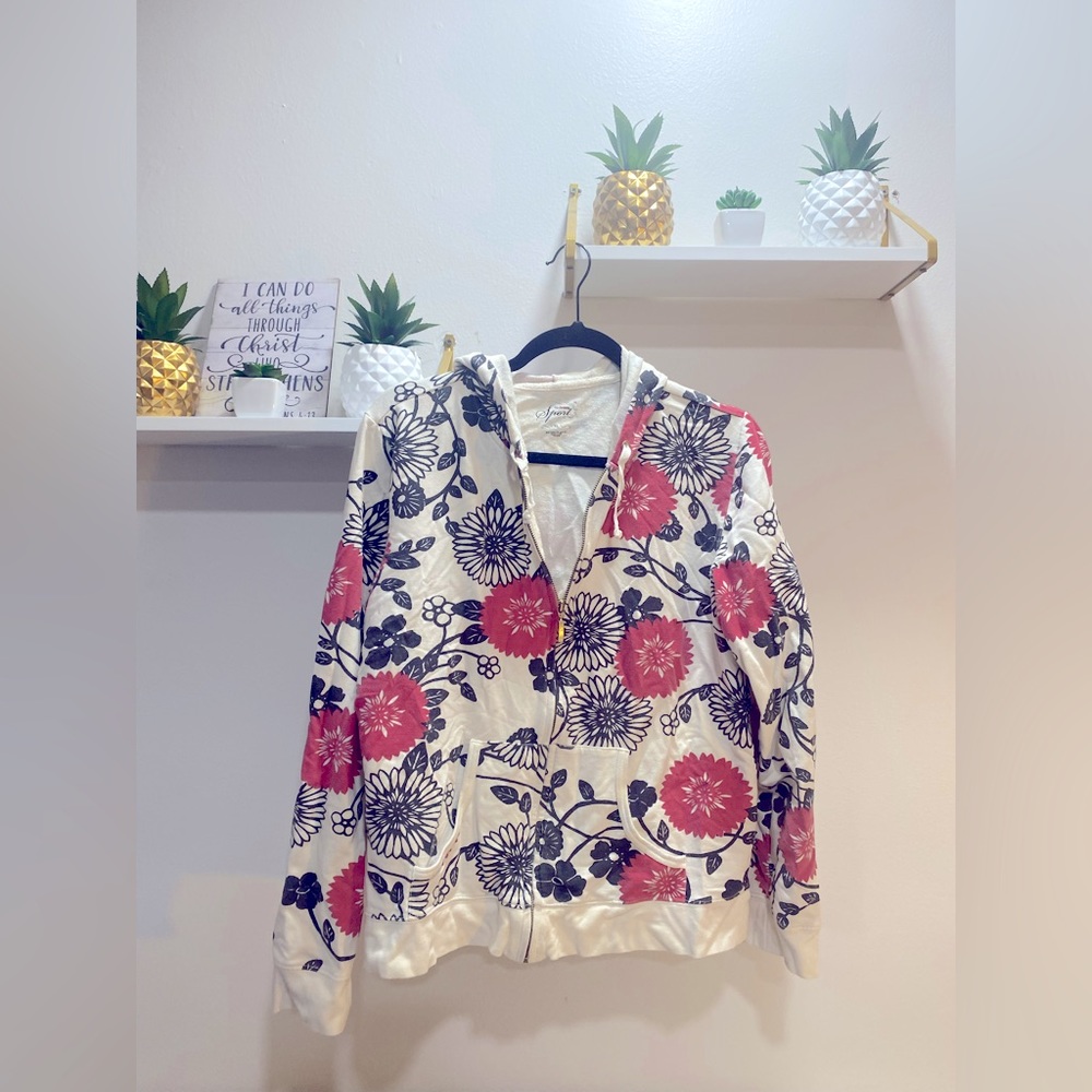 Zip-Up Hoodie / Sweater / Sweatshirt / Jacket, White with Red and Black Florals